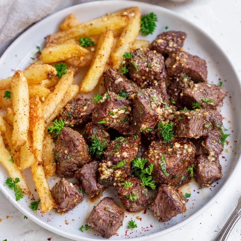 Juicy Blackened Cajun steak bites sizzling in a skillet, paired with golden fries.  