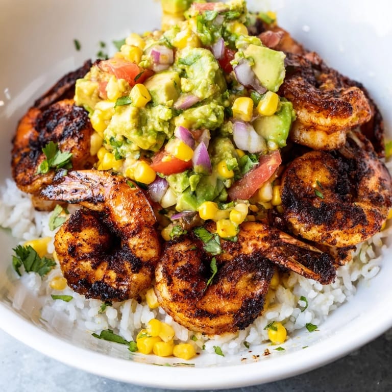 This vibrant blackened shrimp bowl combines spicy shrimp with creamy avocado salsa over fluffy rice, delicious!