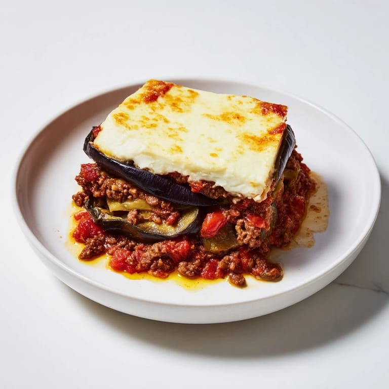 Close-up of baked moussaka, showing the delicious layering of eggplant, meat, and creamy sauce.