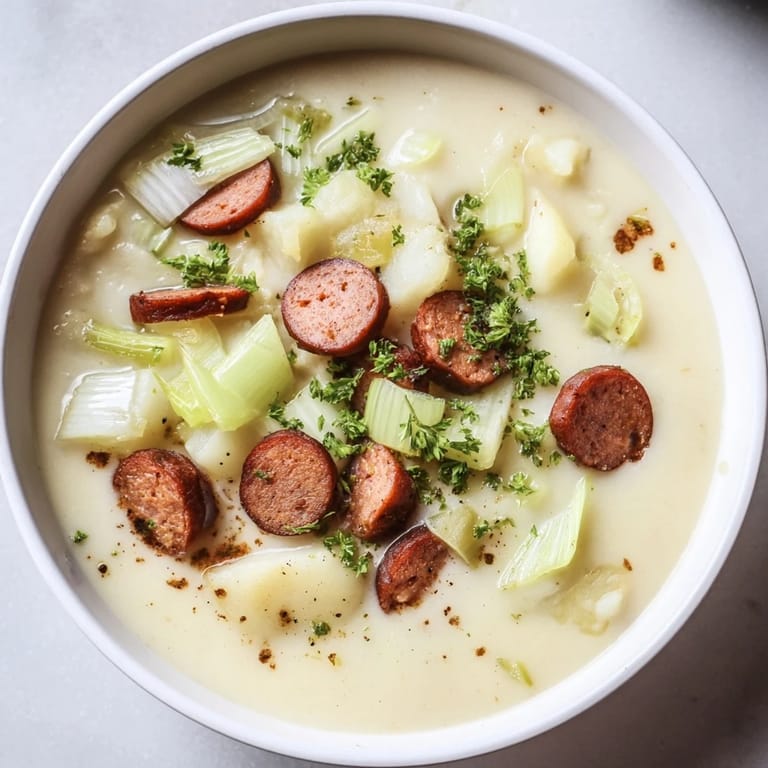 A steaming bowl of comforting Potato, Leek & Chorizo Soup, vibrant with smoky chorizo and herbs.