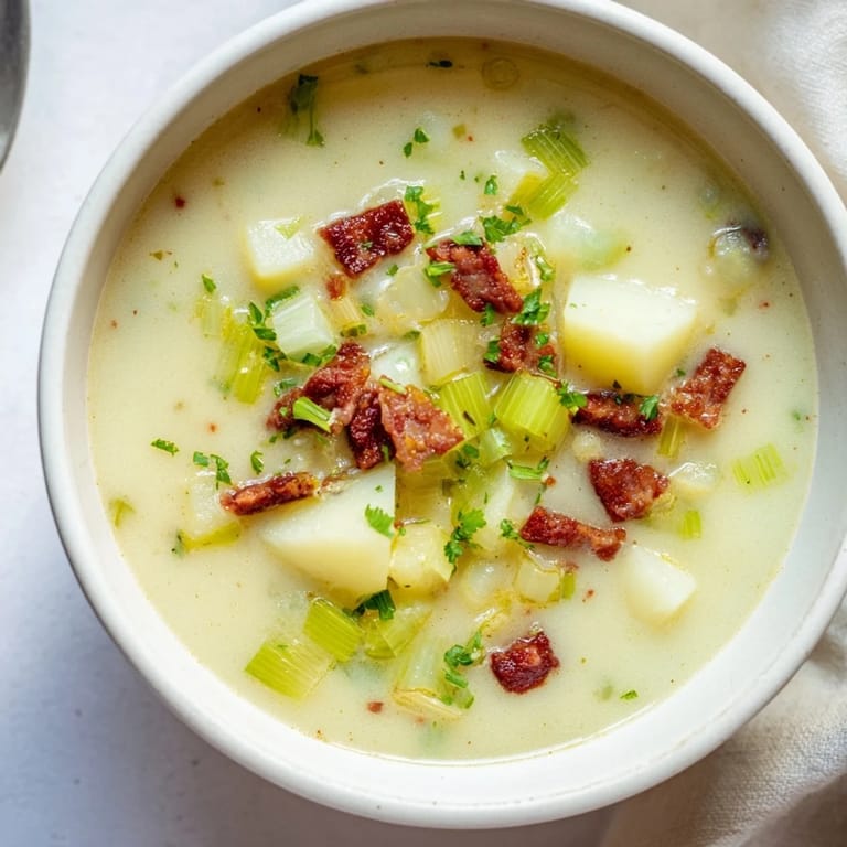 Rich and creamy Potato, Leek & Chorizo Soup, showcasing chunky potatoes and a spicy chorizo bite.