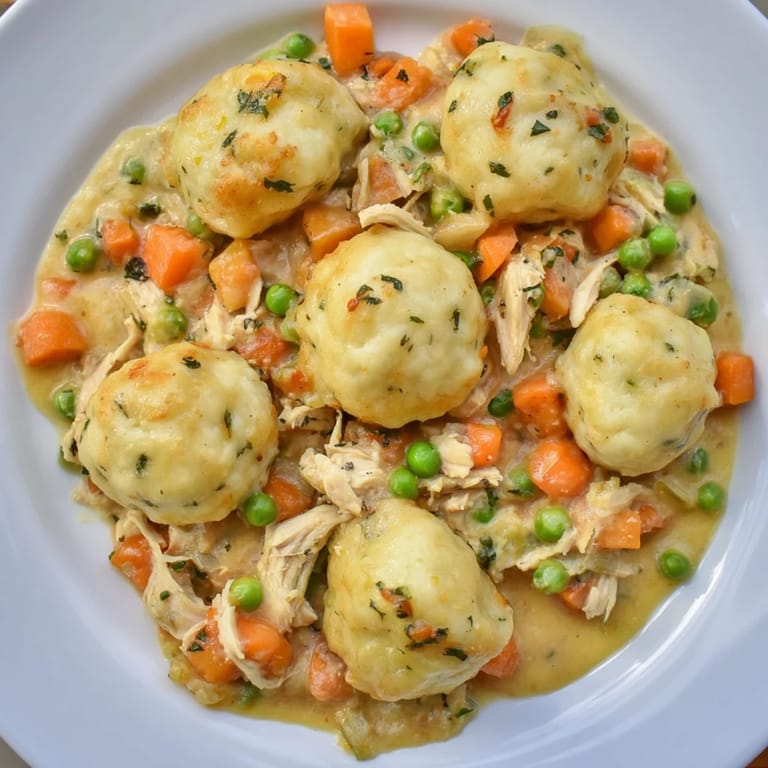 A close-up of a steaming Chicken and Dumplings Casserole, showcasing fluffy dumplings and tender chicken.
