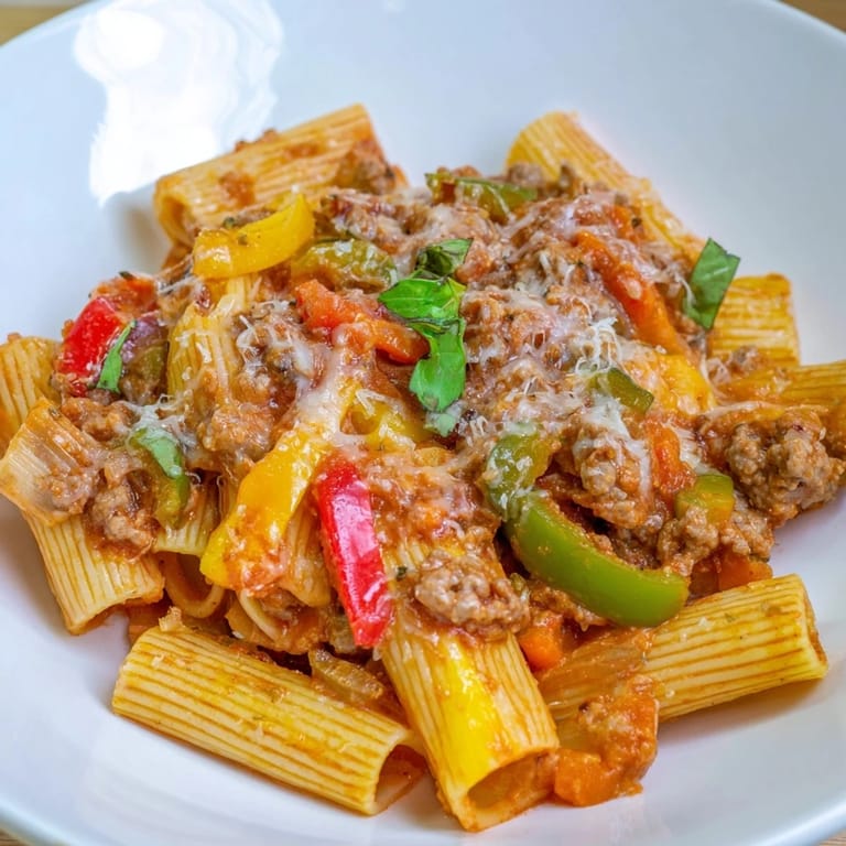 This baked rigatoni with sausage and peppers offers a comforting aroma of Italian herbs in a casserole.