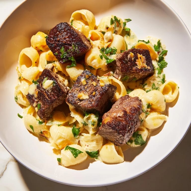 Perfectly seared Garlic Butter Steak Bites are tossed with fresh parsley, over cheesy pasta.