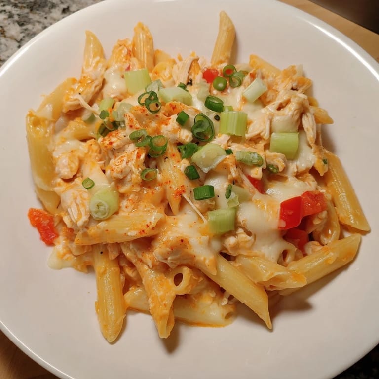 Enjoy a satisfying scoop of Buffalo Chicken Pasta Skillet, bursting with spicy flavor, perfect for dinner.