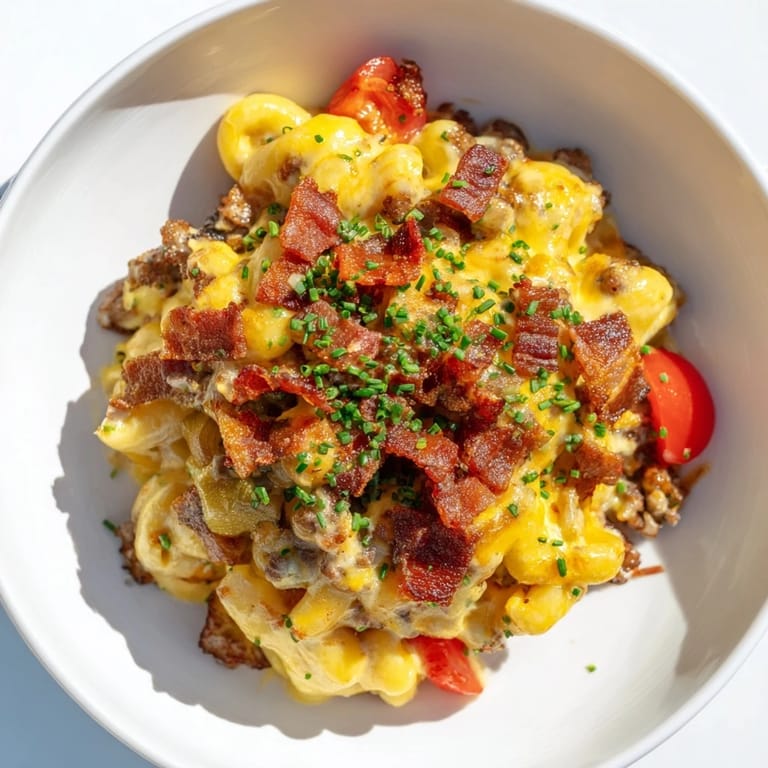This creamy bacon cheeseburger pasta bake features melted cheese and crispy bacon topping.