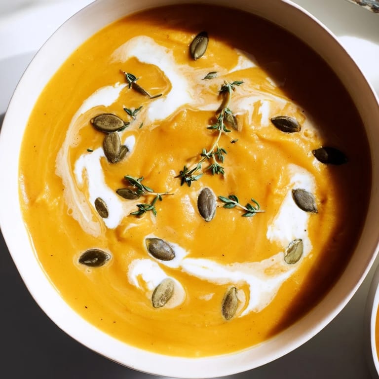 Warm and inviting close-up of creamy roasted acorn squash soup, perfect for a cozy autumn dinner.