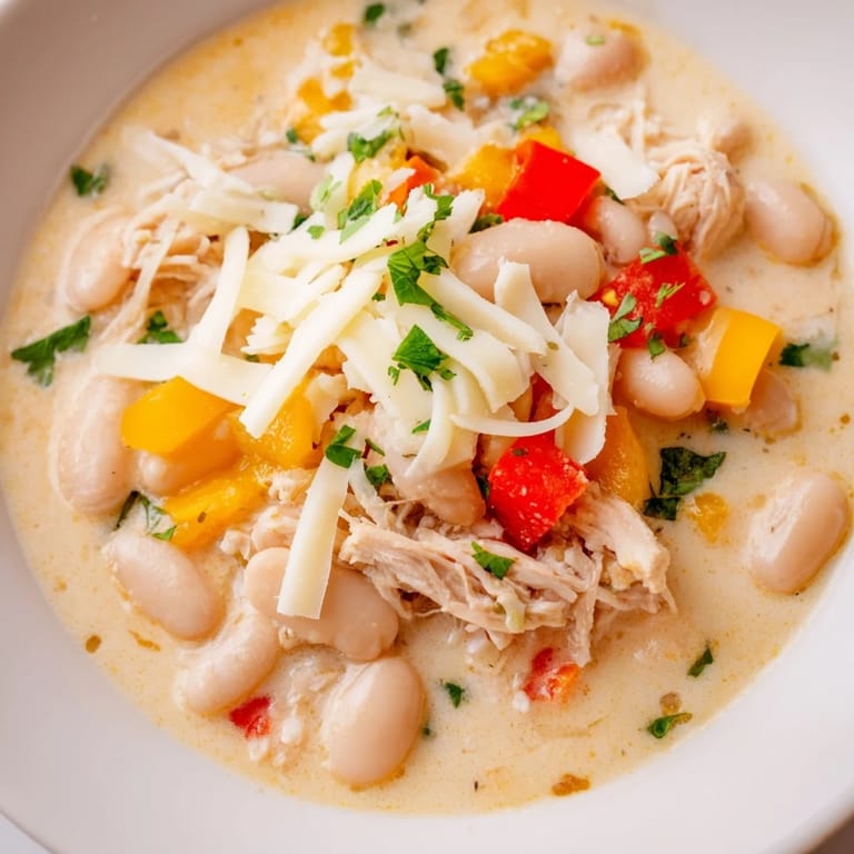 This Creamy White Chicken Chili with Beans showcases a steaming pot, perfect for a cozy dinner on a cold evening.