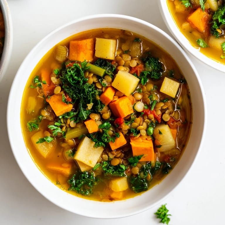 Close-up photo of heart-warming Winter Vegetable & Lentil Soup, full of healthy ingredients and flavor.