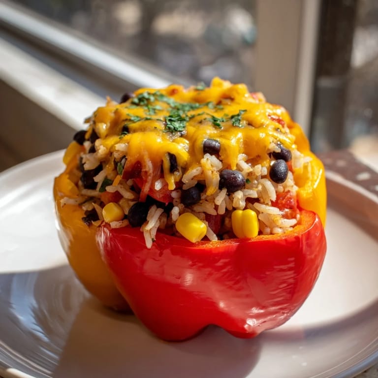 A close-up of colorful baked Stuffed Bell Peppers filled and bubbling with delicious cheese and filling.