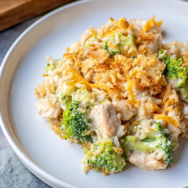 A flavorful and hearty Chicken & Broccoli Rice Casserole, showing off tender chicken and broccoli.
