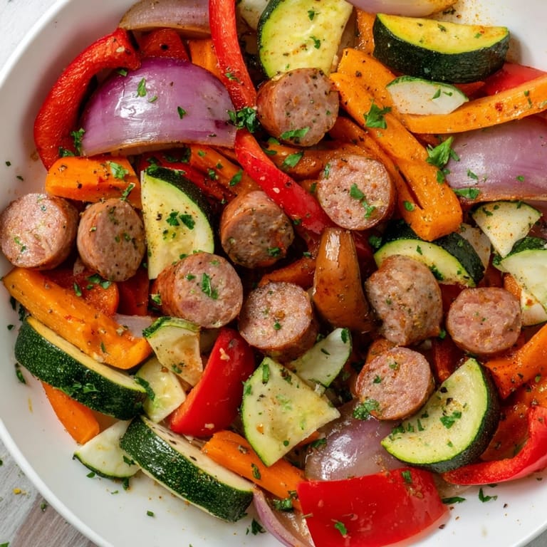 Enjoy a close-up image of sheet-pan roasted veggies & sausage, perfectly cooked with a savory aroma.