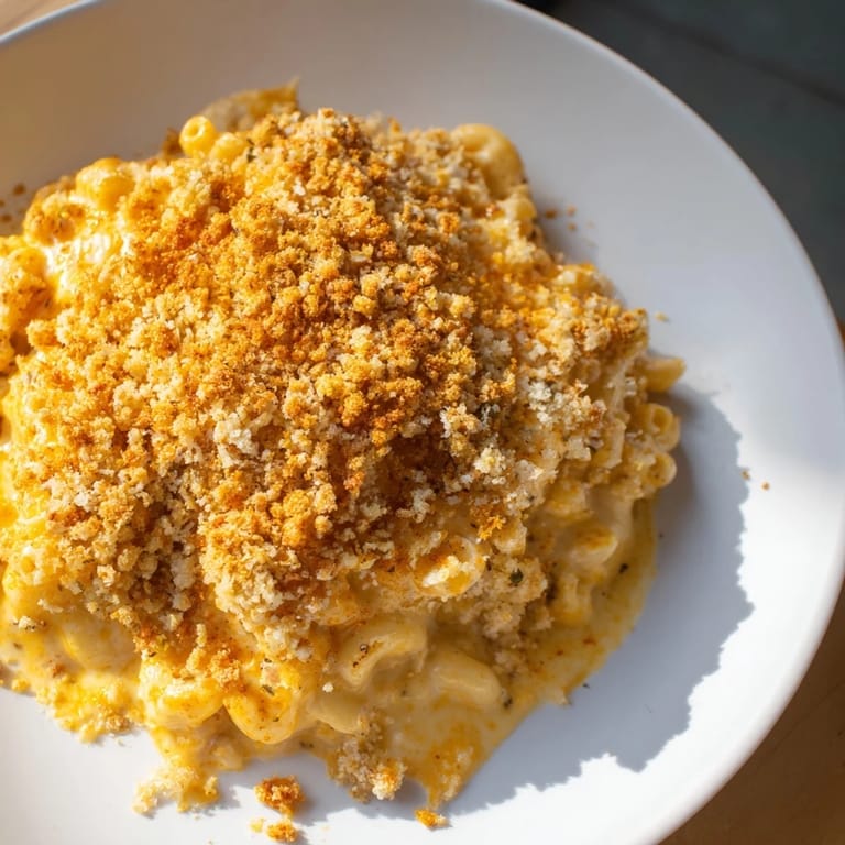 A close-up of a bubbling Baked Macaroni and Cheese, ready to serve and enjoy with a perfect cheese pull.