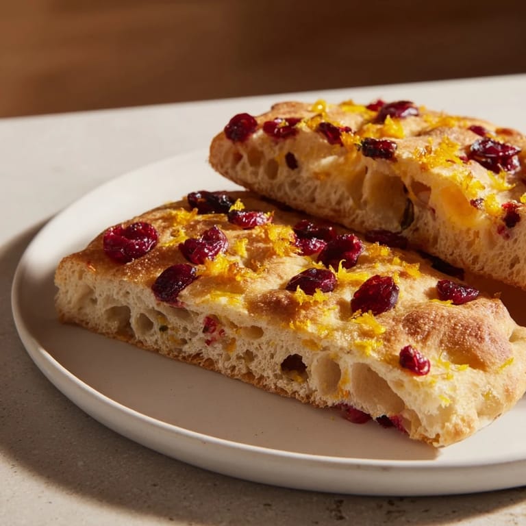 This easy, no-knead Cranberry Orange Focaccia offers a delightful mix of sweet and savory flavors.
