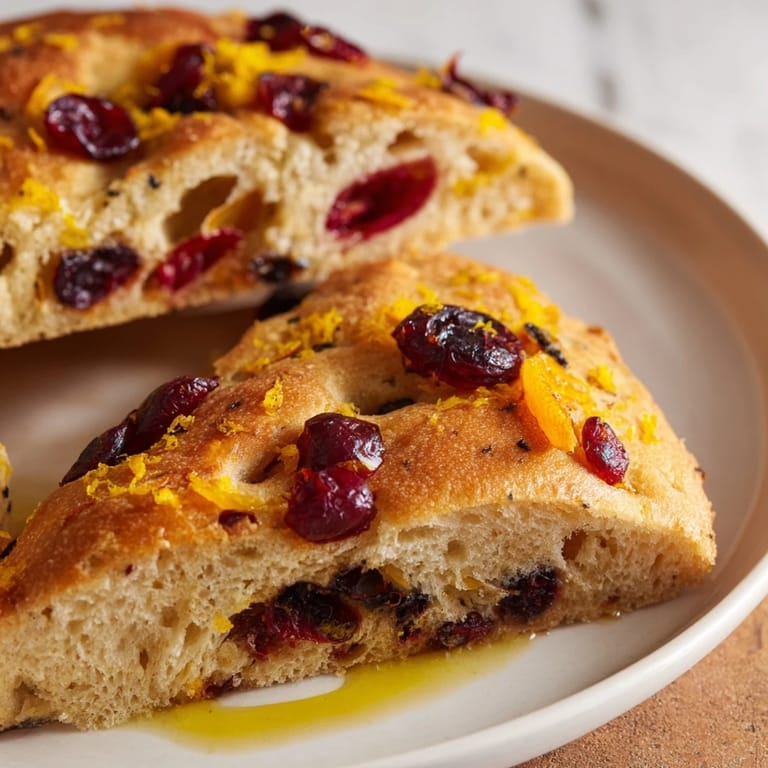 A close-up view of a baked Cranberry Orange Focaccia, dotted with cranberries and ready to serve.