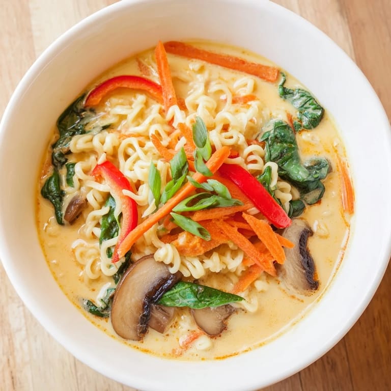 Delicious, vegetarian Curry Coconut Ramen, garnished with lime wedges and green onions for extra flavor.