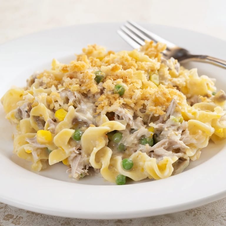 A close-up of a bubbling Creamy Tuna Noodle Casserole with a buttery cracker crust, very inviting.