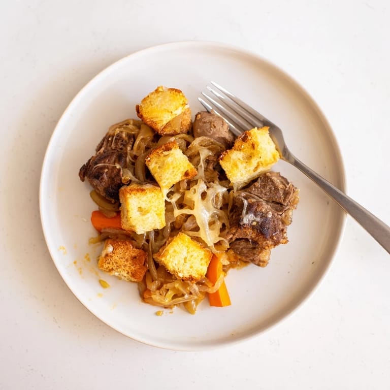 Hearty French Onion Pot Roast Casserole with golden, caramelized onions and bubbly, melted cheese.