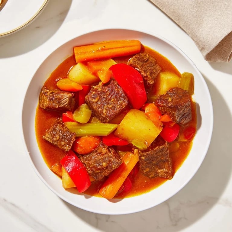 Tender beef and vegetables in a flavorful Smoked Paprika & Garlic Beef Stew, ready to serve.