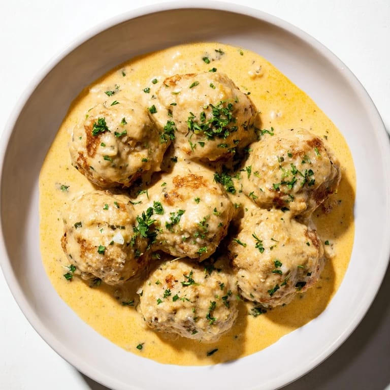 Hearty turkey meatballs bathed in a rich pumpkin sage sauce, perfect with pasta.