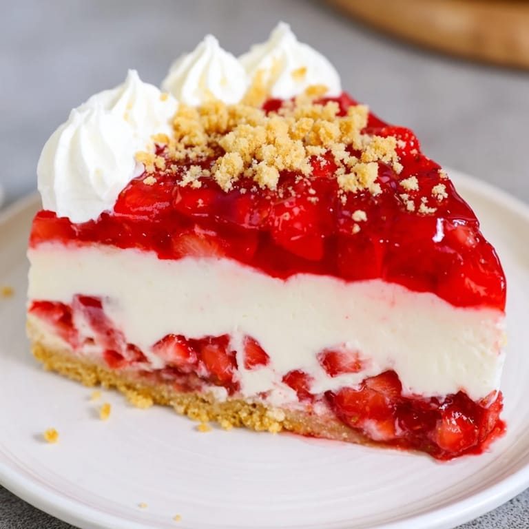 Close-up of a layered strawberry shortcake cheesecake showcasing its rich texture and delicious flavors.