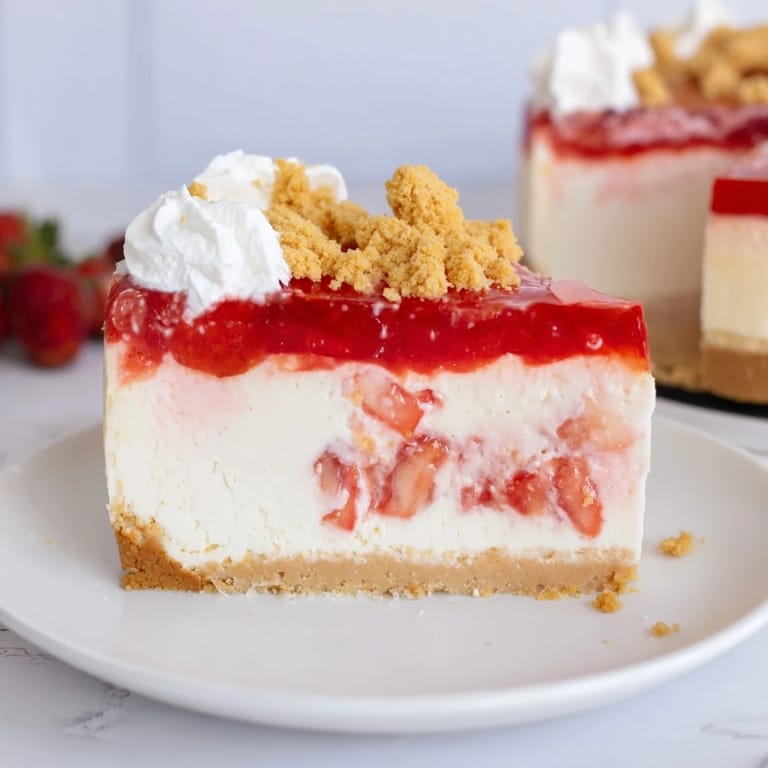 Indulgent strawberry shortcake cheesecake, a delightful dessert perfect for any special occasion, ready to be served.