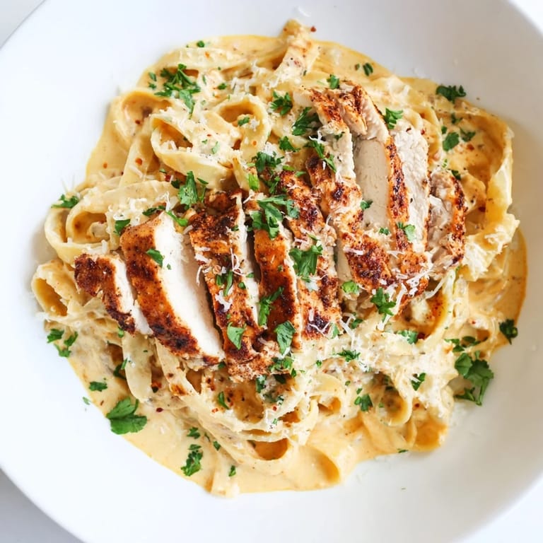 Savor the flavors of this delicious Cajun Chicken Alfredo Fettuccine, perfectly garnished with parsley.
