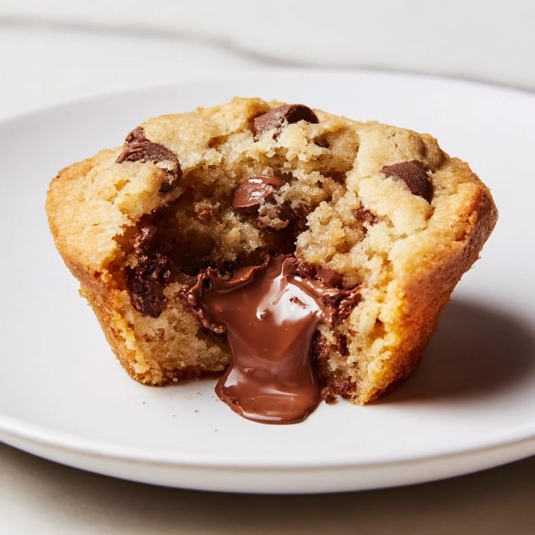 Golden-brown Air Fryer Gooey Cookie Cups, soft inside with melting chocolate chips, ready to eat.