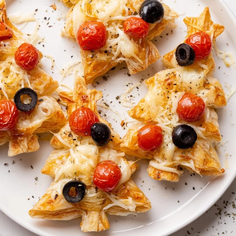 Cheesy, Italian-inspired Puff Pastry Christmas Tree Pizza Bites with vibrant tomato and olive toppings look delicious.