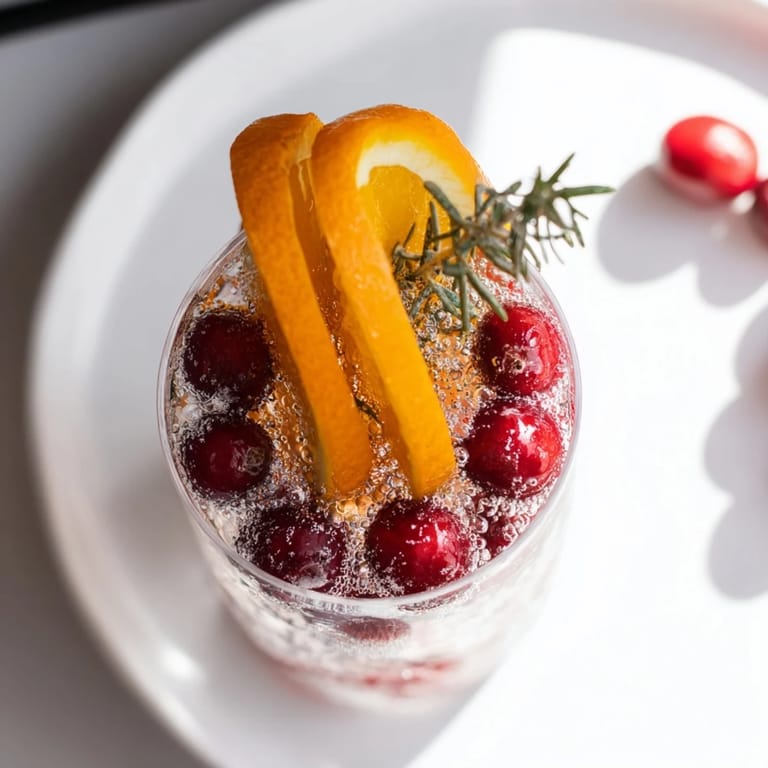 Festive Snow Globe Mocktail featuring frozen cranberries, citrus, and a hint of winter's charm.