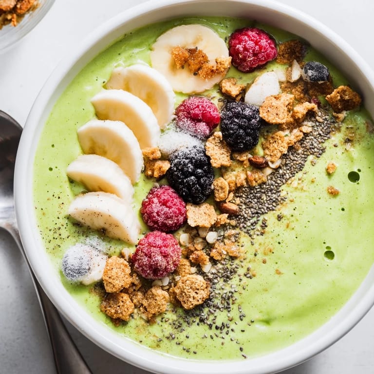 Enjoy a healthy Gingerbread Cookie Matcha Smoothie Bowl, a beautifully layered breakfast with spice and flavor.