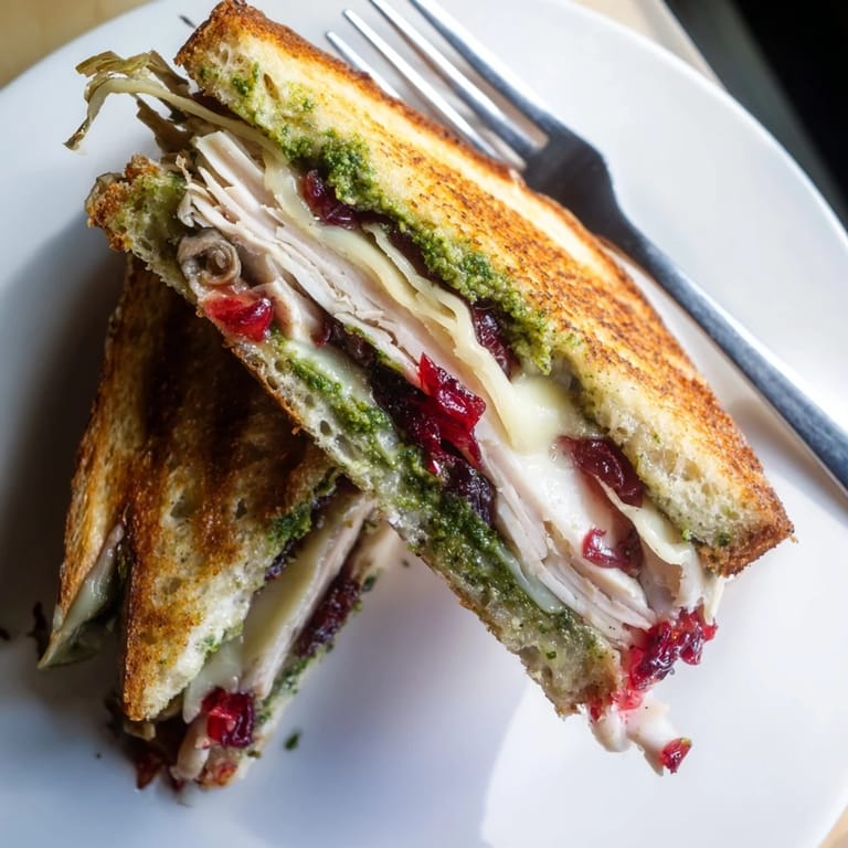 Warm, melted cheese and juicy turkey fill a Pesto Cranberry Turkey Grilled Cheese Melt sandwich, cut in half.