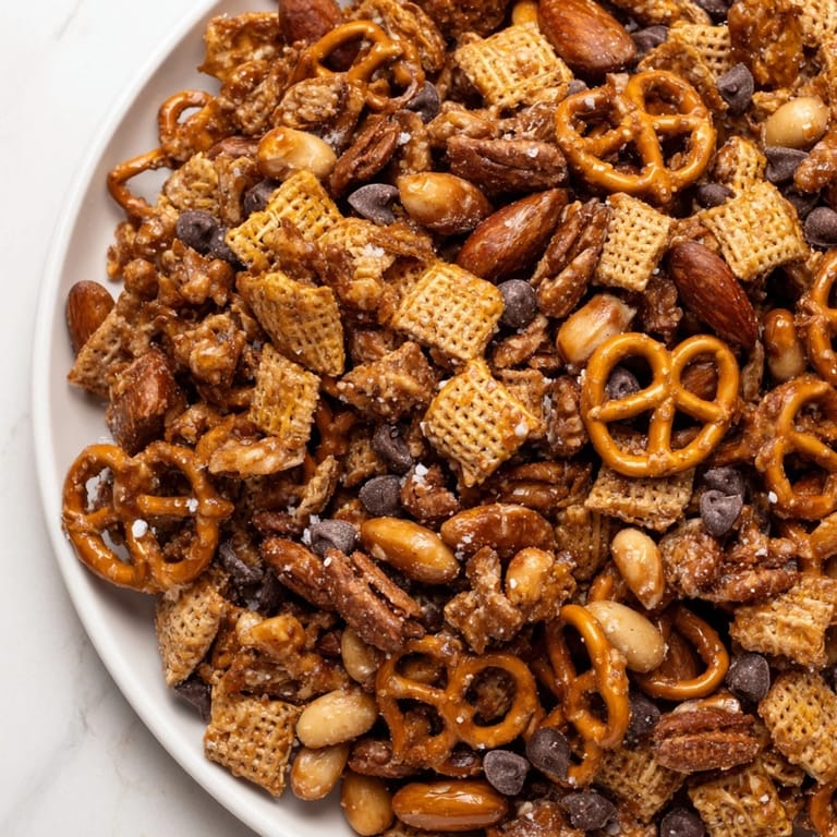 Close-up of the delicious Festive Pine Cone Snack Mix, with visible chocolate chips and texture, perfect for sharing.