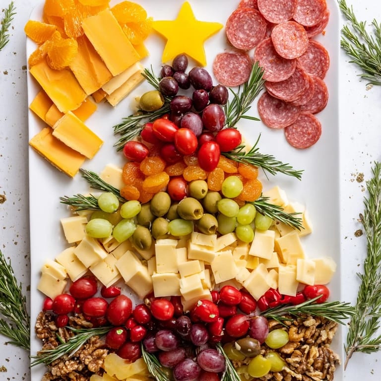 Vibrant Christmas Tree Charcuterie Dream: A holiday centerpiece with fresh rosemary and a golden cheese star.