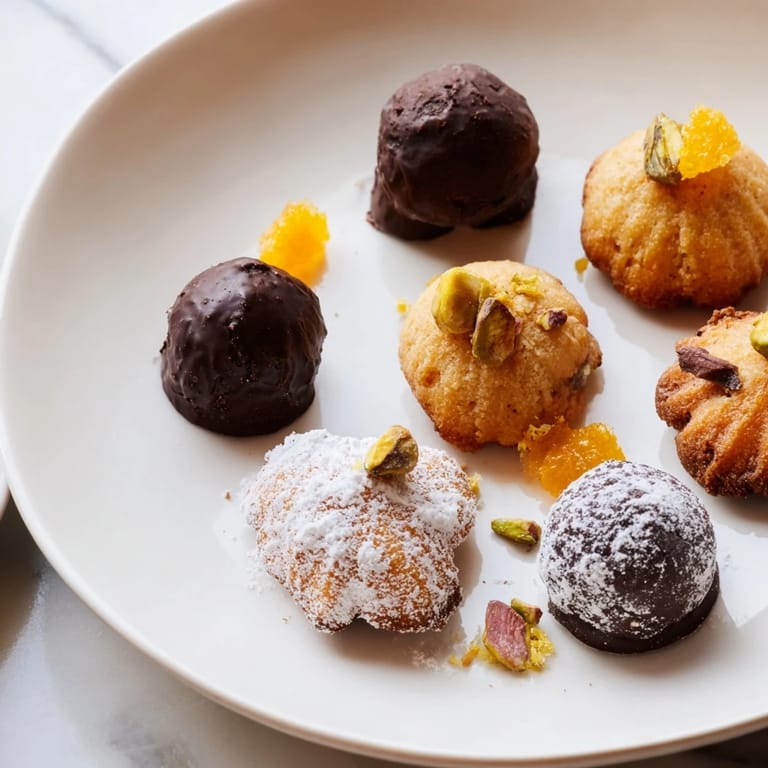 Beautiful selection of Mignardises Bonne Année 2026: mini financiers, truffles, and madeleines dusted with sugar.