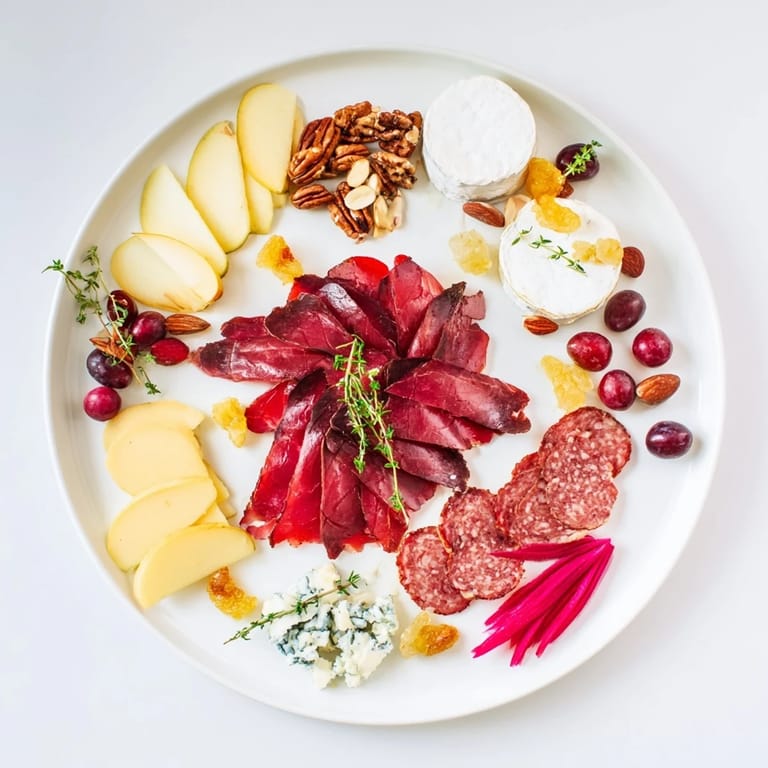 Luscious Majestic Venison Charcuterie Platter showcasing cured meats, creamy cheeses, fresh grapes, and crunchy nuts, ready to enjoy.