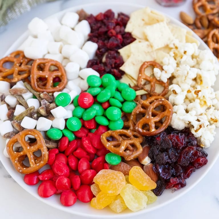 This festive Elf Snack Trail Mix board offers an assortment of sweet and savory treats for holiday enjoyment.