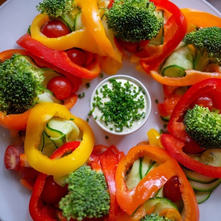 Fresh, colorful Festive Bell Pepper Wreath on a platter, a beautiful vegetarian holiday appetizer for everyone.