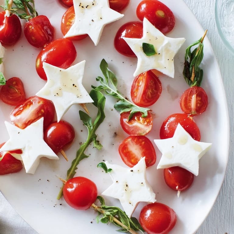 Picture a platter of Caprese skewers, featuring star-shaped mozzarella with juicy cherry tomatoes.