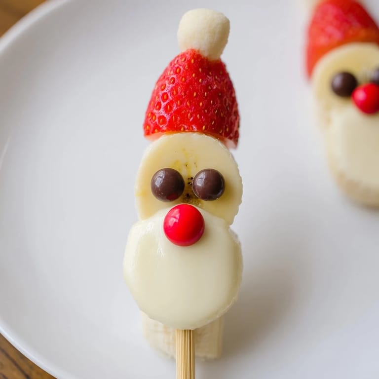 Easy-to-make Banana Santa Snack Sticks: fun fruit skewers with bananas and sweet decorations for kids.
