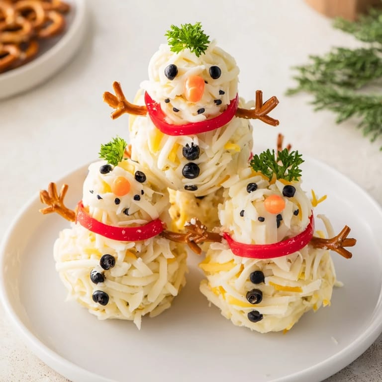 These charming Snowman Cheese Balls, decorated with veggies, create a delightful, holiday appetizer display.