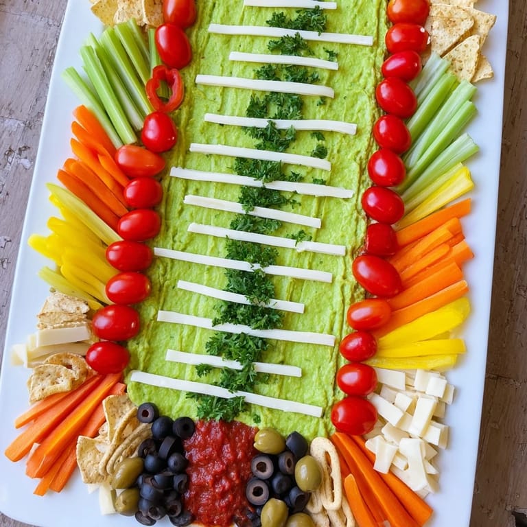 This creative Game Day Football Field Snack Board presents a savory spread for easy game day snacking enjoyment.