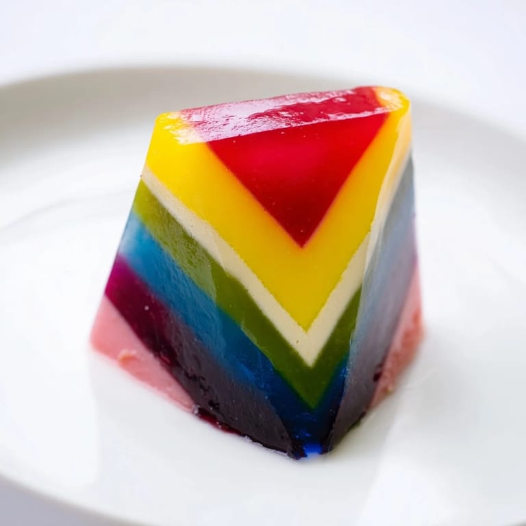 A close-up of The Kaleidoscope, showcasing stunning V-shaped segments of fruity, chilled dessert.