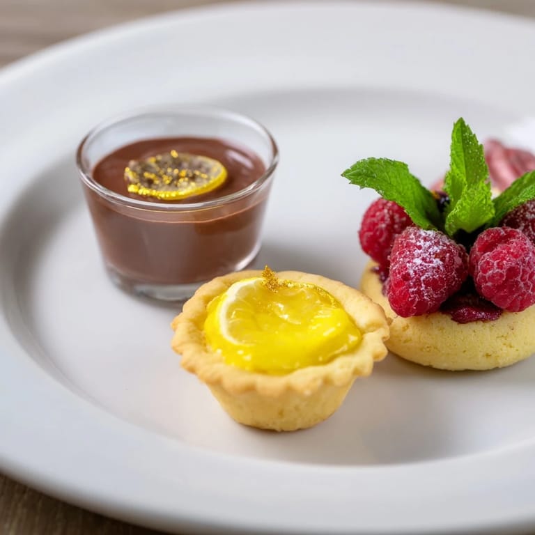 The elegant Assiette de Desserts features mini chocolate mousses, lemon tartlets, and raspberry financiers, ready to be enjoyed.