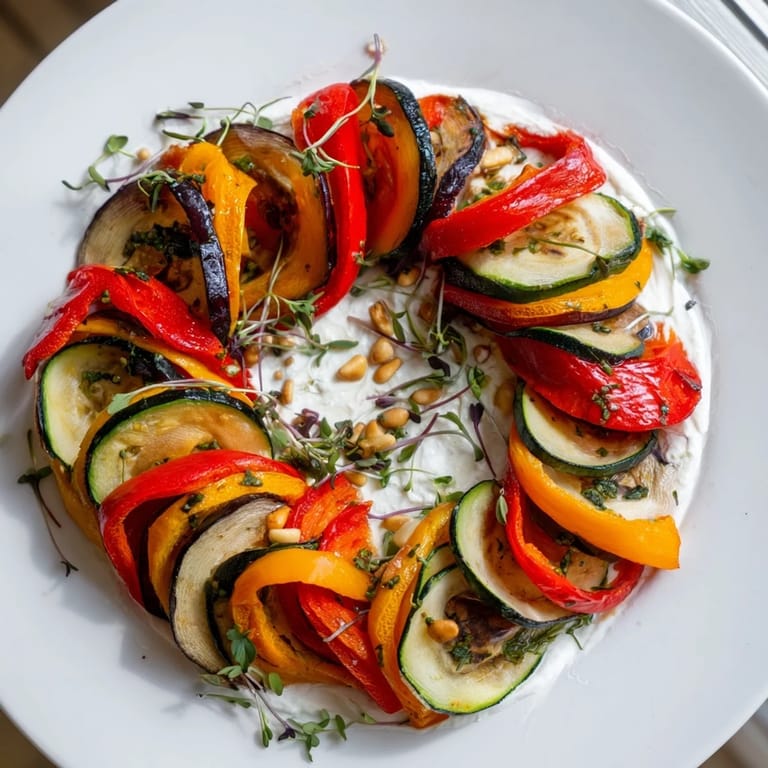 Delicious The Snail Shell Spiral, a vegetarian delight with roasted vegetable spiral and toasted pine nuts.