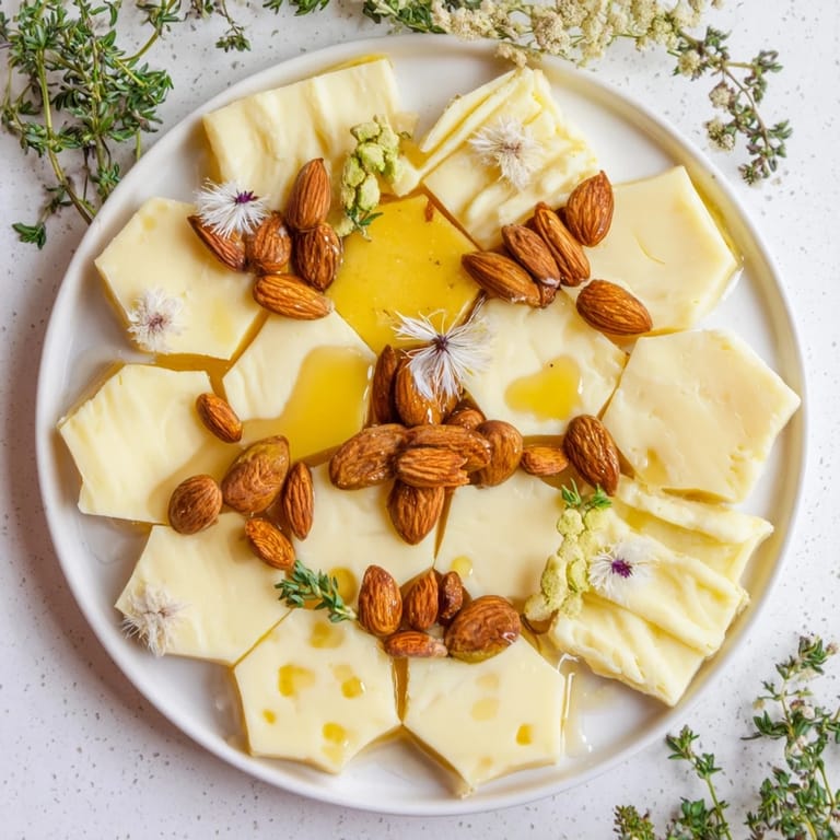Golden honey cascades over beautiful Honeycomb Hexagon Maze cheese platter, arranged for an elegant appetizer.