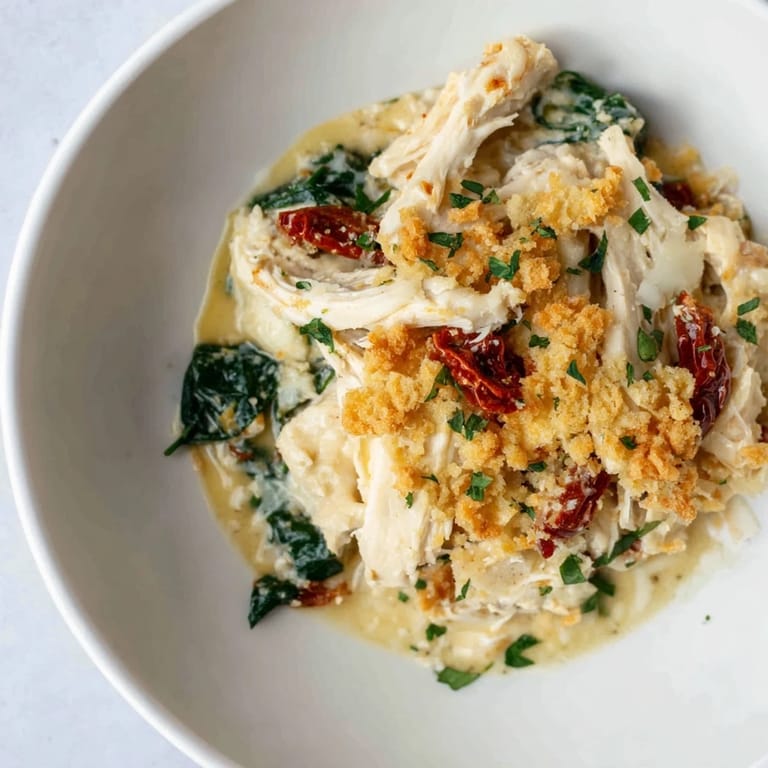 Golden-topped Marry Me Chicken Casserole with a perfect blend of chicken and savory ingredients, served hot.