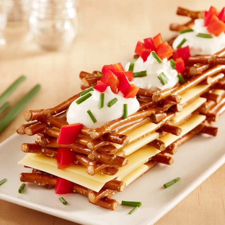 A close-up of The Rustic Log Cabin appetizer, with colorful bell pepper and fresh chives garnishing the cheese.