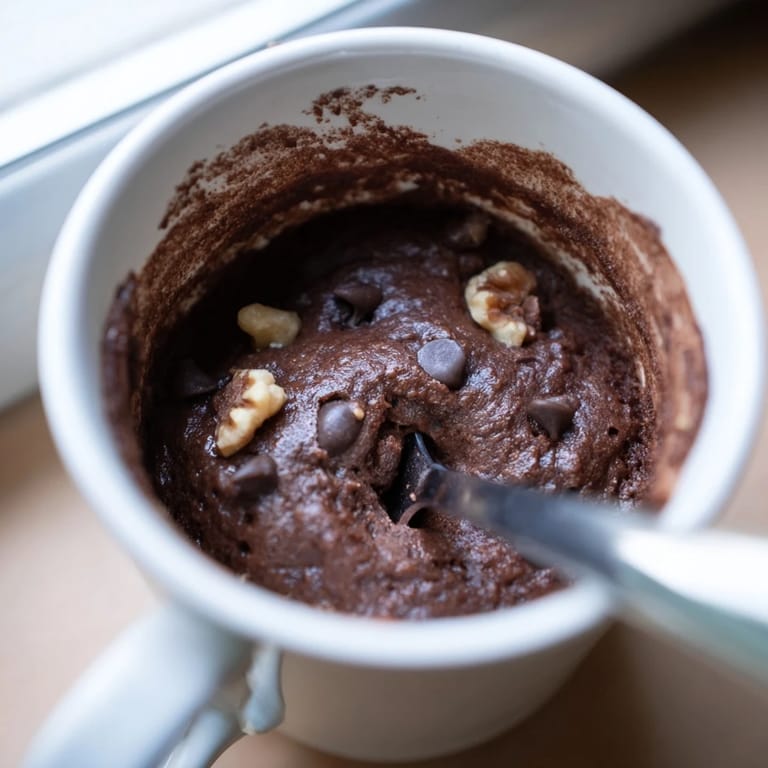 Warm, gooey 2-minute mug brownie with chocolate swirling, perfect for a late-night treat.