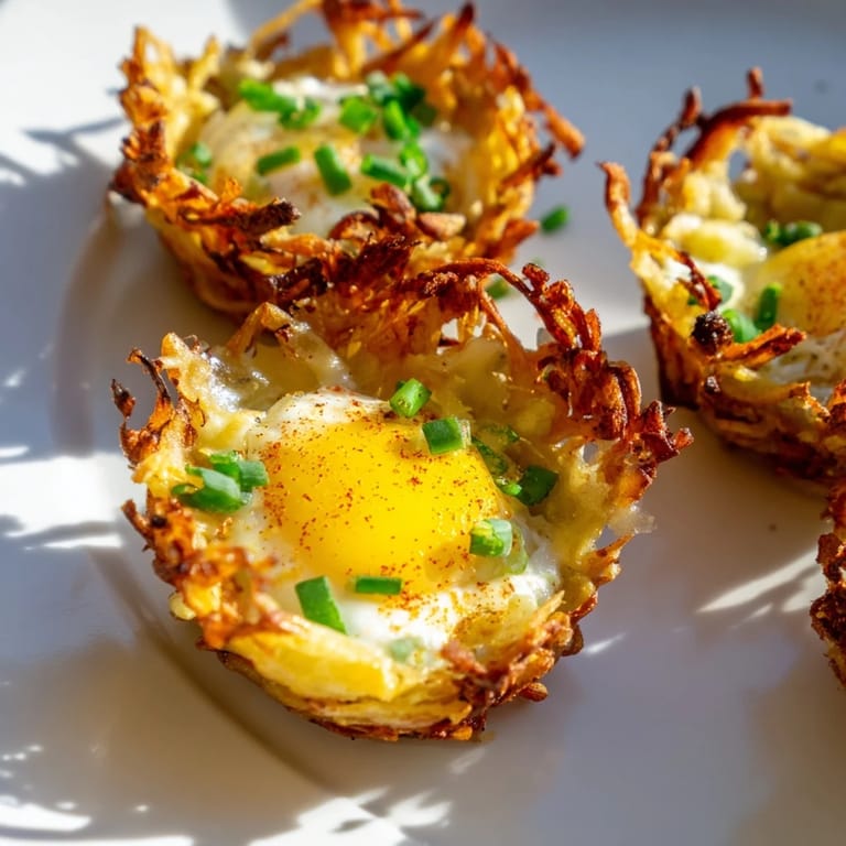 Image of a delicious, cheesy Crispy Hashbrown Egg Nest breakfast bowl, ready to serve with chives.
